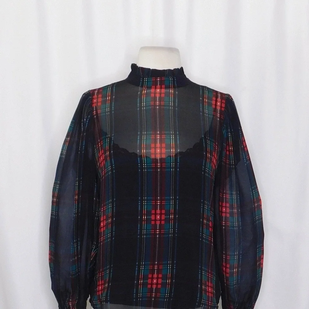 NWT! J. CREW Ruffleneck Top Stewart Tartan Plaid Chiffon Festive Preppy XX-Small